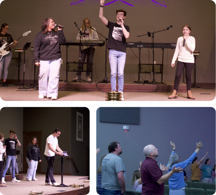 Three-panel collage of people onstage and in audience worship with raised hands