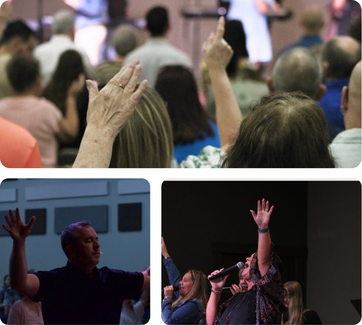 Audience members raise hands during a church worship service; three panel scenes show people participating.