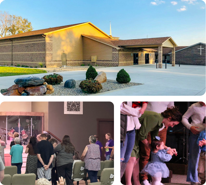 Three photos of a modern building exterior and people gathered indoors in a group activity