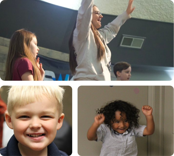 Children smiling and raising hands in a classroom collage