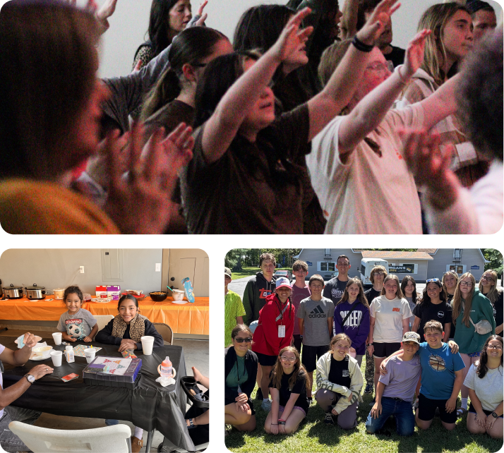 People seated and standing, raising hands in a lively group gathering collage
