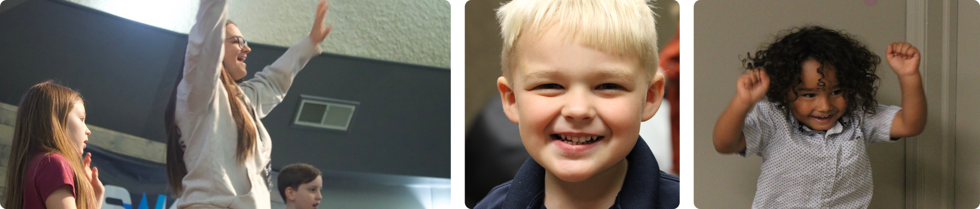 Children smiling and jumping in a classroom, with close-up portraits in the center and right panels