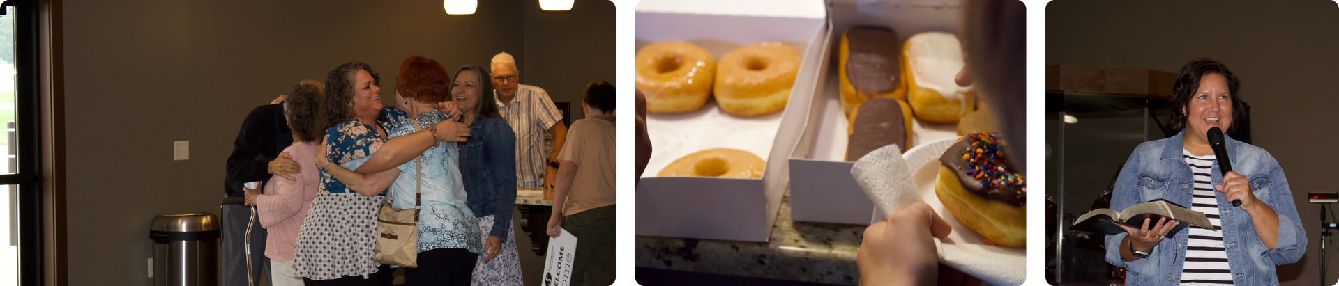Three-panel collage: people hugging, donuts in a box, and a woman holding a drink outdoors.