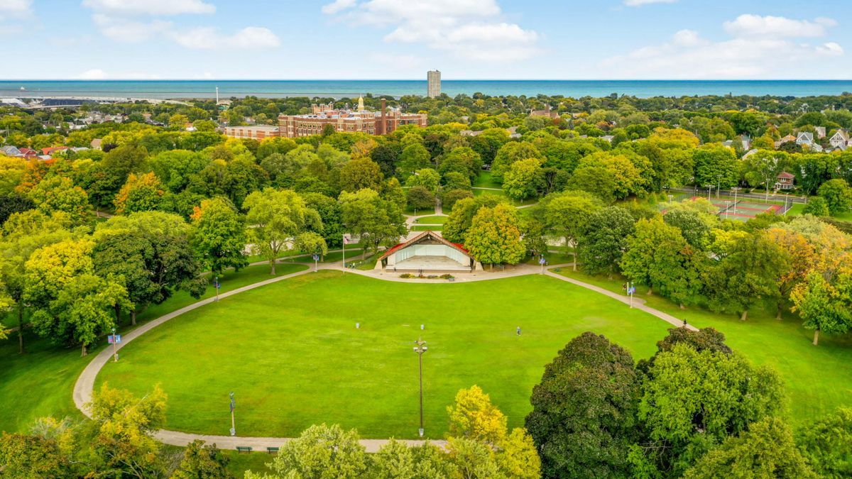 Bay View Milwaukee neighborhood from above featuring the Humboldt Park hill and bandshell