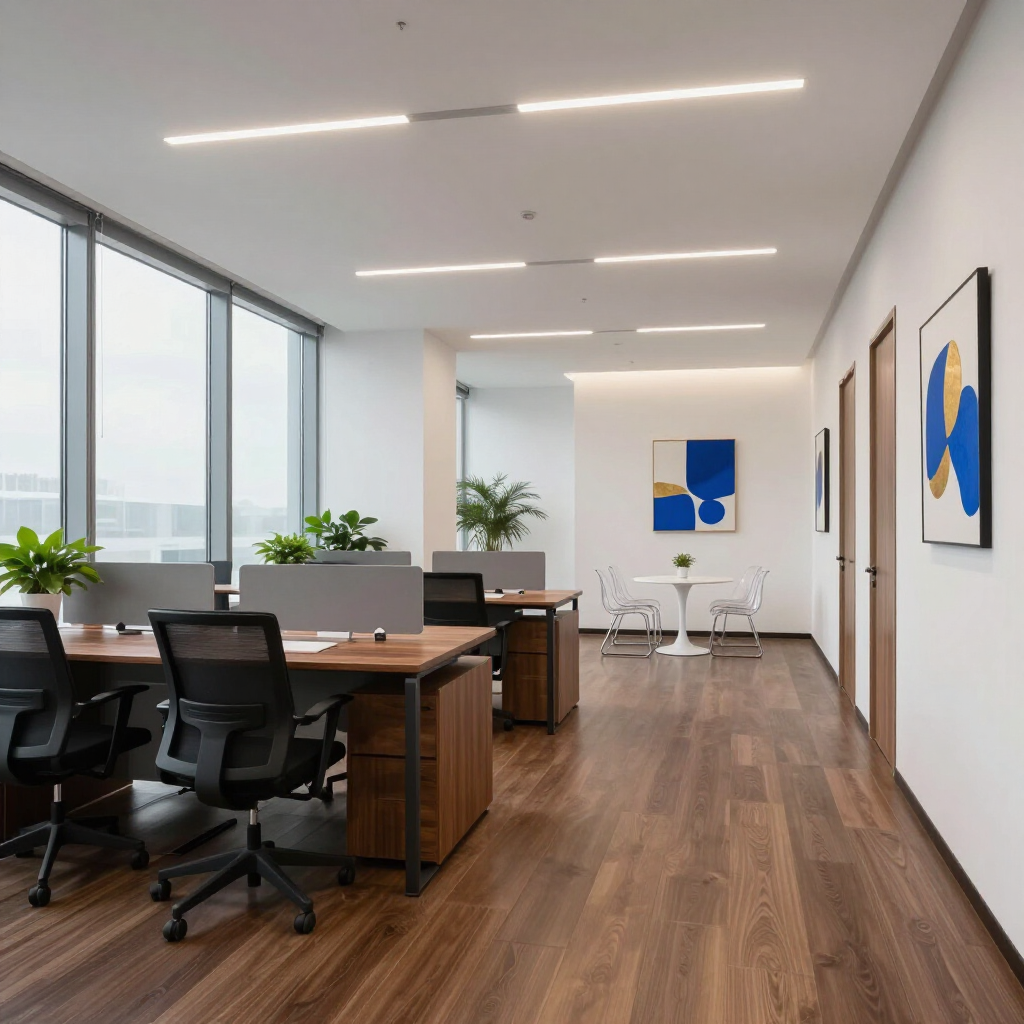 Modern open office with desks, chairs, large windows, wood floors, and blue abstract wall art