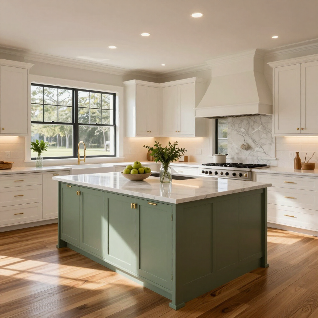 Bright white kitchen with a green island, marble countertops, large window, and sunlight on wood floors