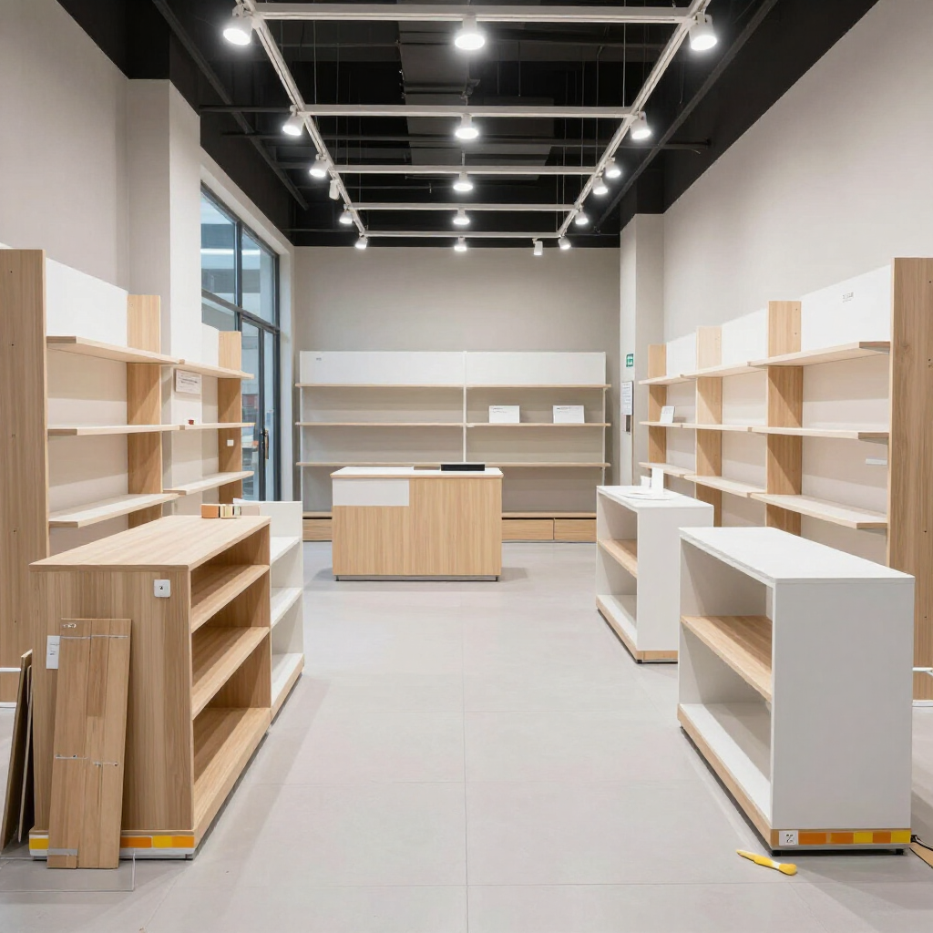 Empty modern retail store with white shelving, wooden displays, and bright ceiling lights