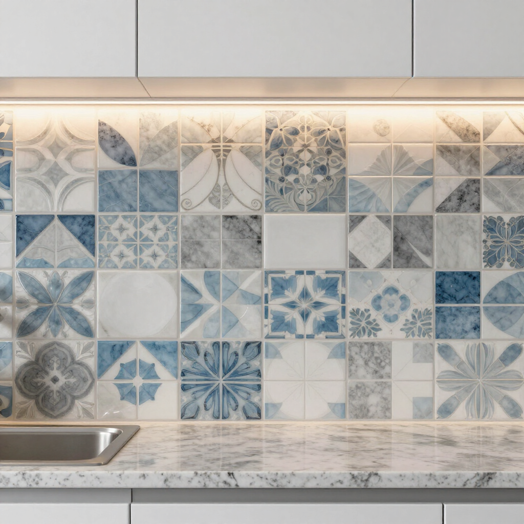 Blue and gray patterned tile backsplash with under-cabinet lighting above a kitchen counter