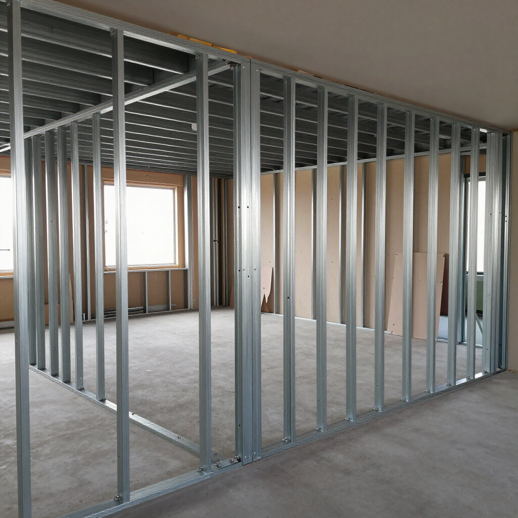 Unfinished interior with metal stud walls framing a room and open windows in the background