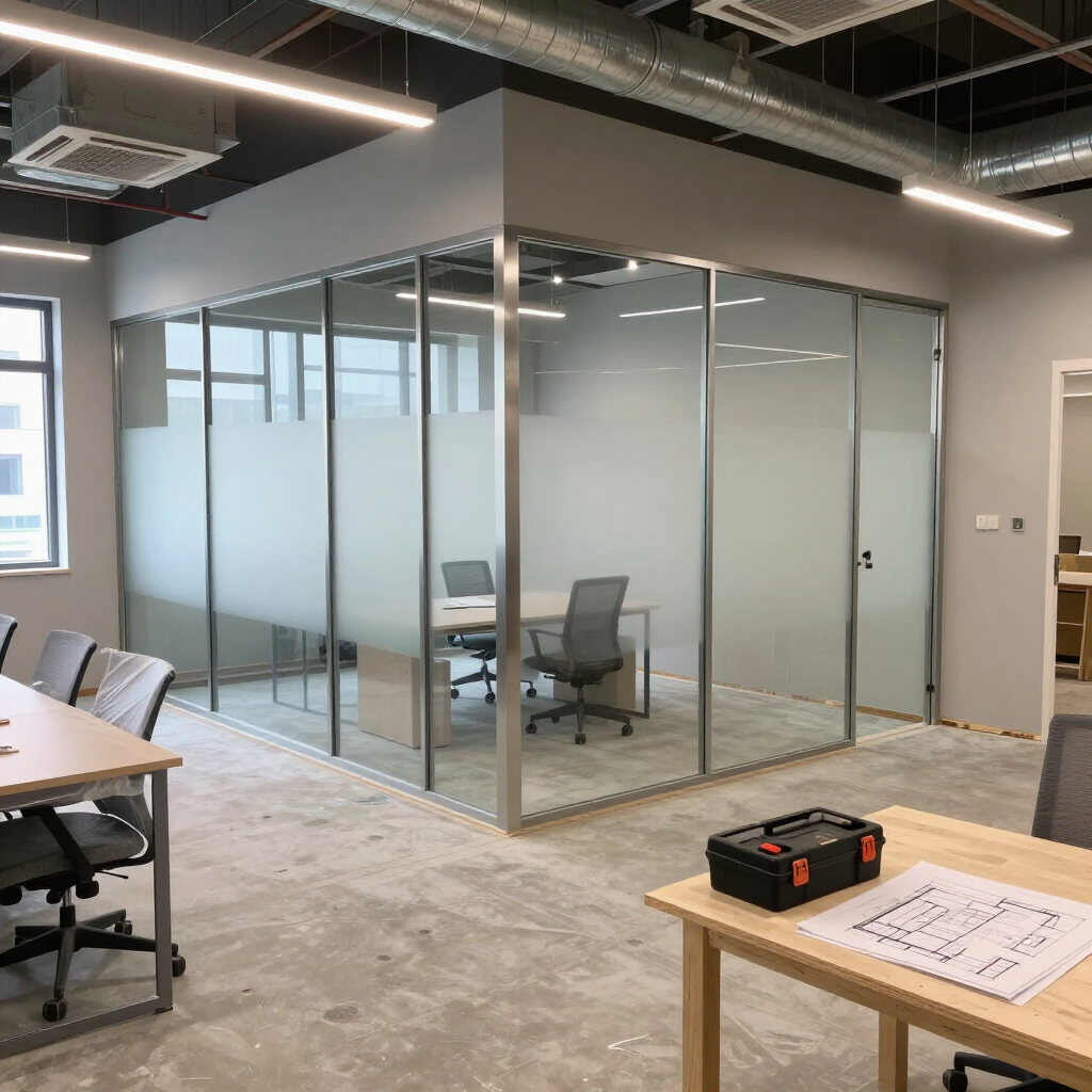 Glass-walled office conference room in a modern open workspace with desks and chairs.