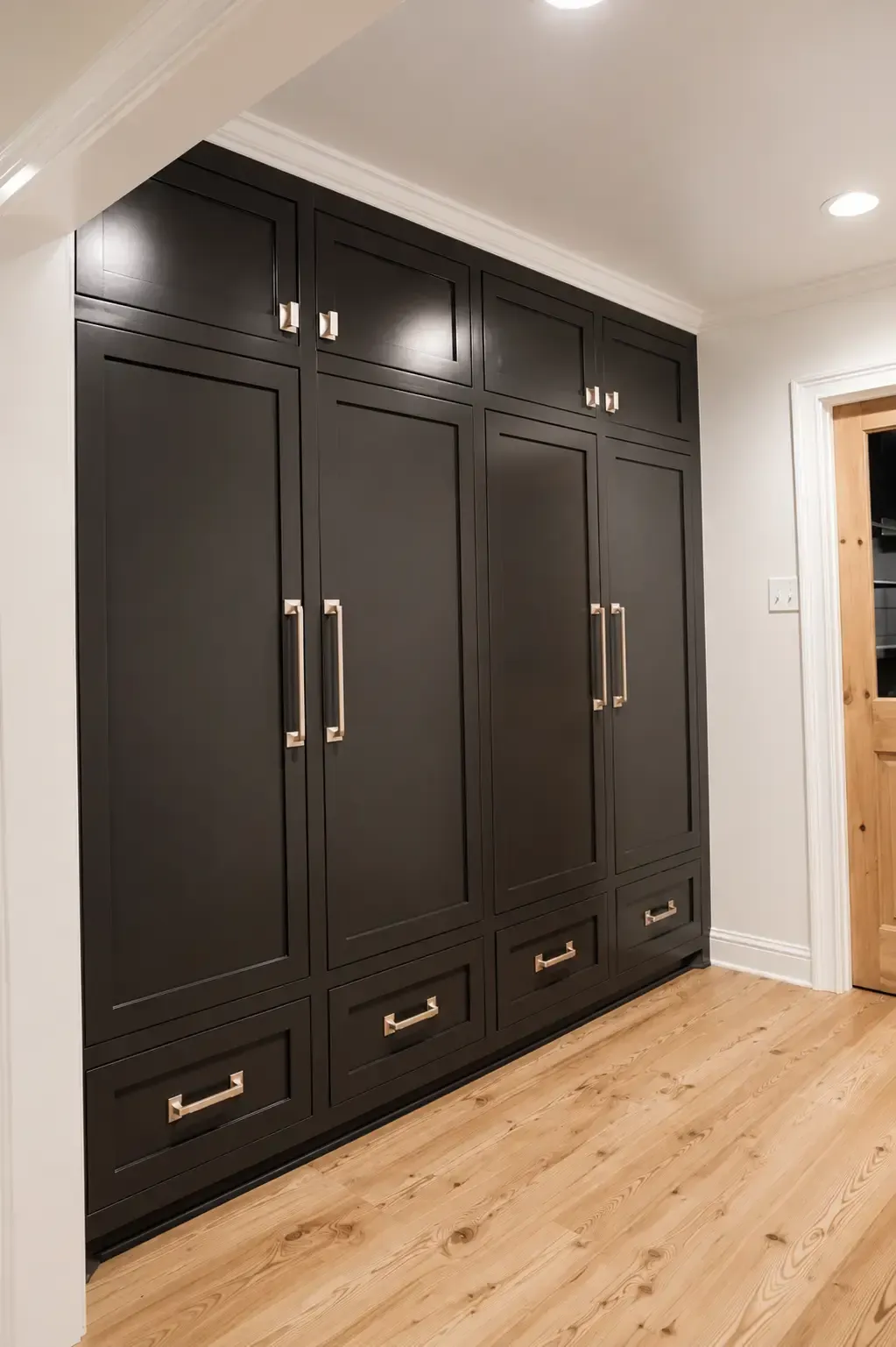 Built-in dark wood cabinets with silver handles in a bright room with hardwood floors