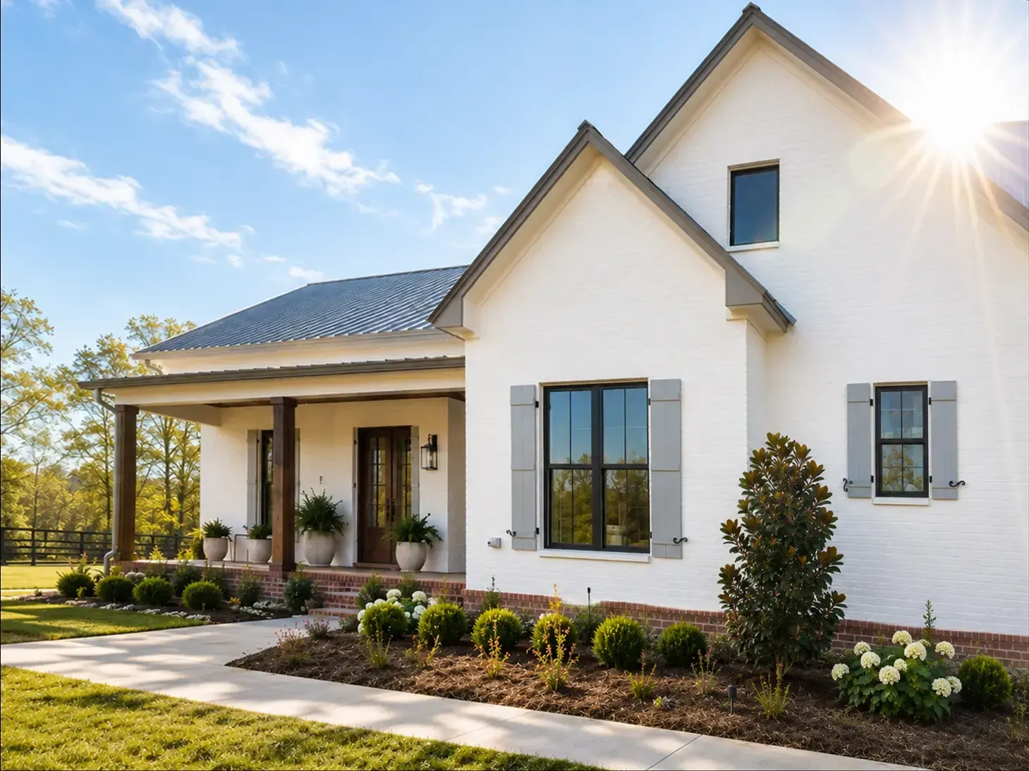Modern white house with dark roof, front porch, landscaped yard, and bright sunlight