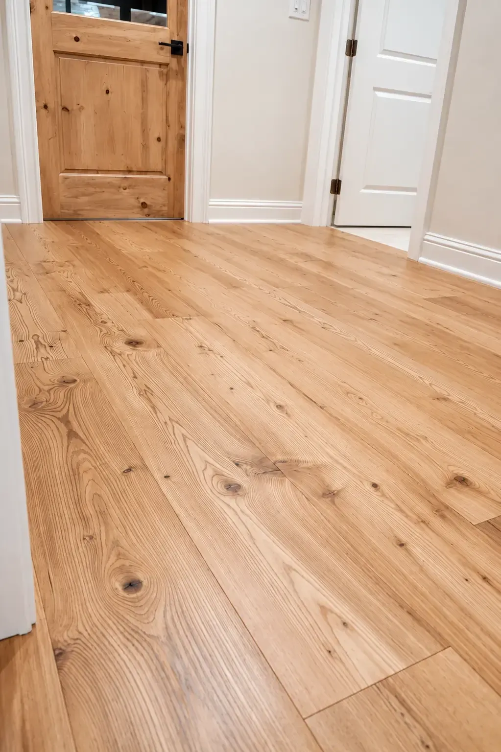 Light wood floor in a hallway with wooden and white doors on either side