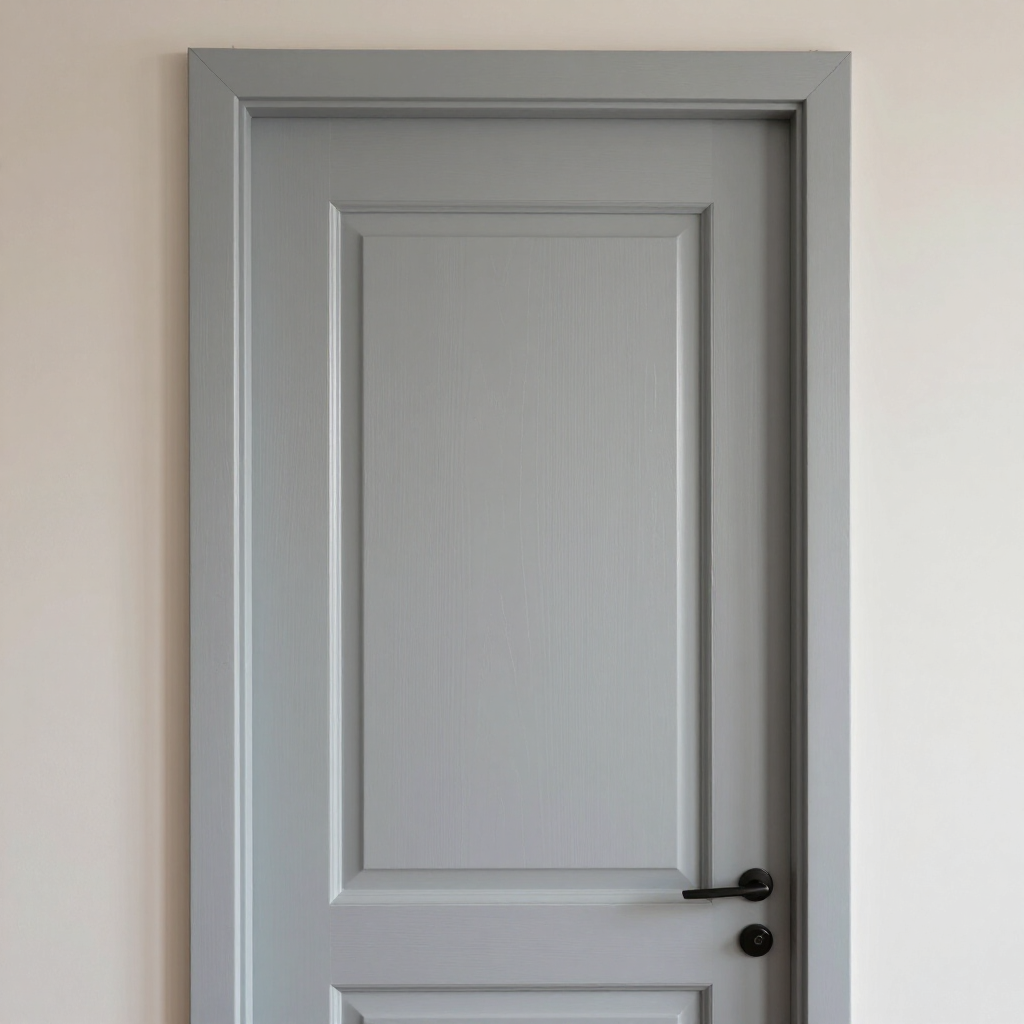 Gray interior door with a black handle in a light-colored wall