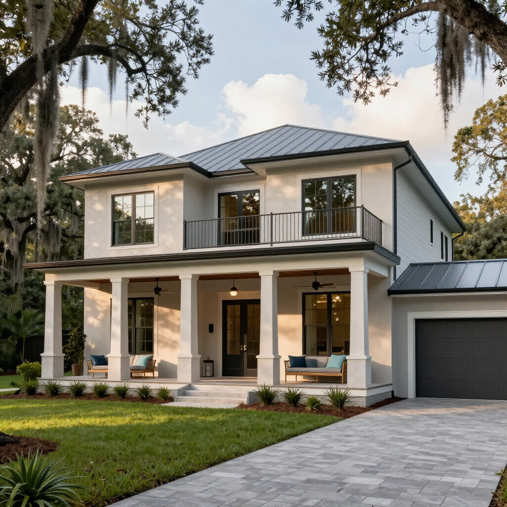 Two-story modern house with gray roof, white exterior, front porch, and attached garage at dusk