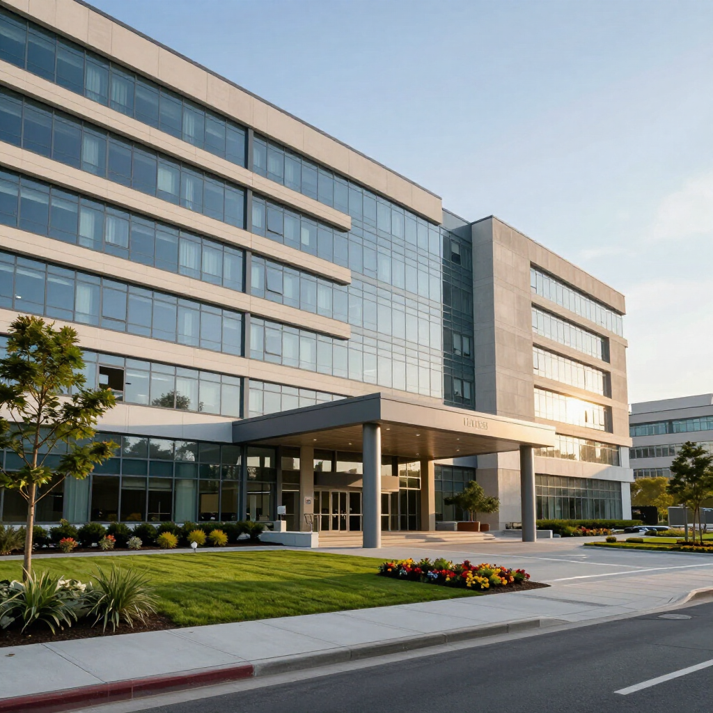 Modern glass office building with a covered entrance, landscaped lawn, and flower beds
