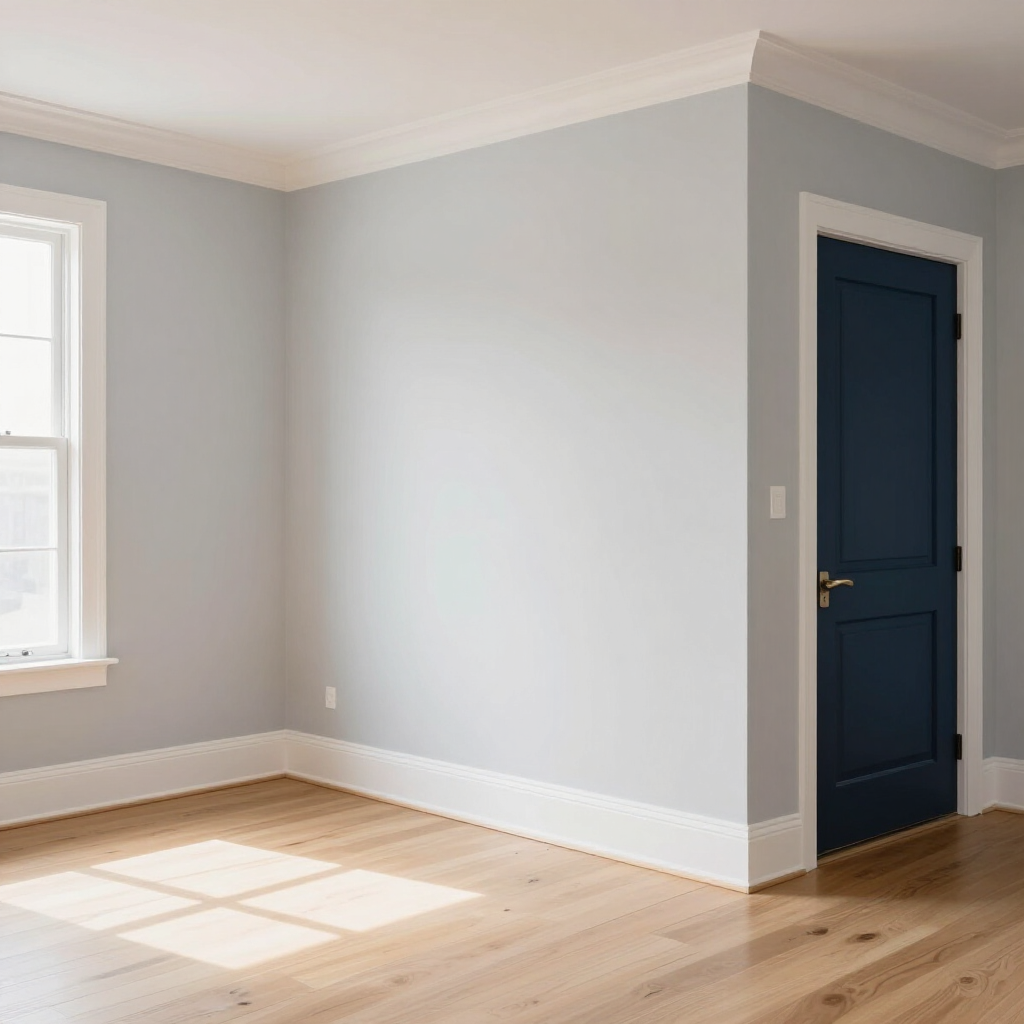 Empty light-gray room with wood floors, white trim, a window, and a dark blue door.