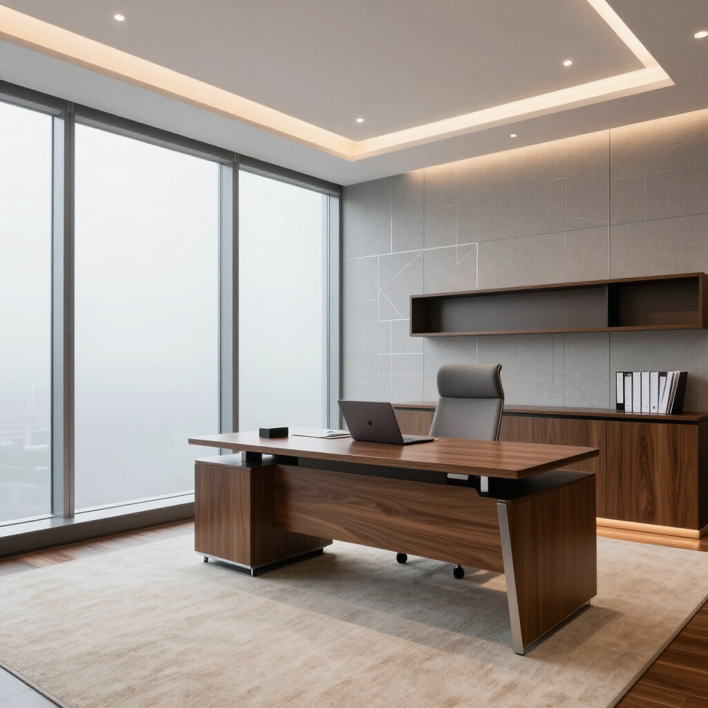 Modern empty office with wood desk, chair, large windows, and built-in shelving
