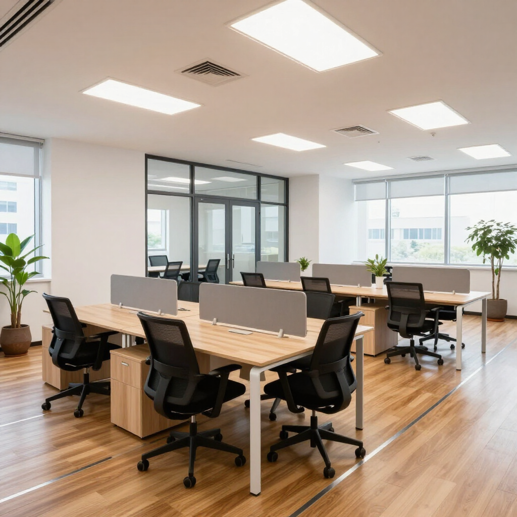 Modern open-plan office with wooden desks, black chairs, and bright overhead lights