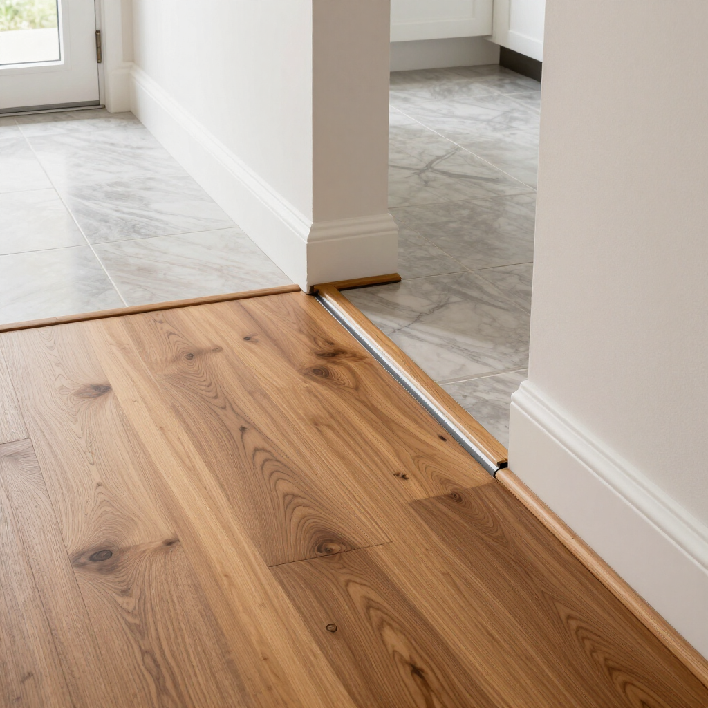 Interior doorway with a metal floor transition strip between wood and tile flooring