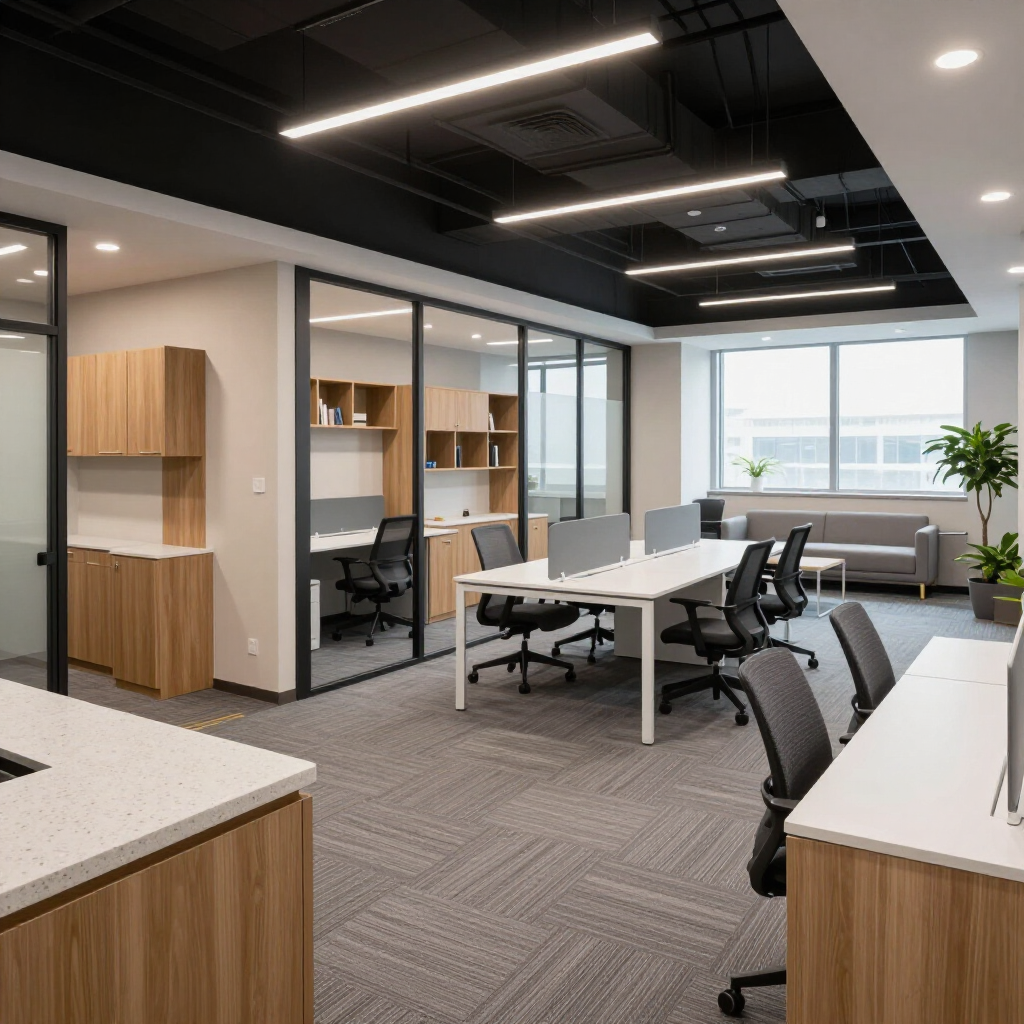 Modern open-plan office with desks, glass meeting rooms, and black chairs under bright ceiling lights