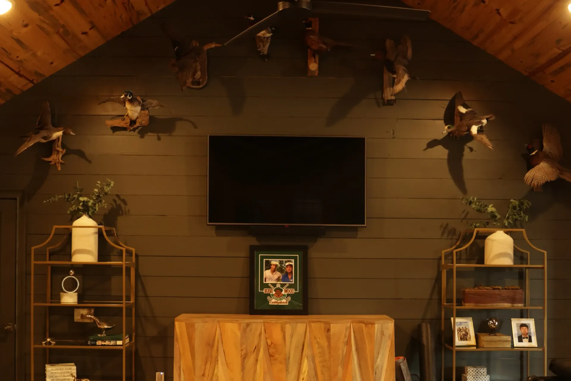 Rustic lodge wall with mounted deer, a TV, shelves, and a framed photo above a draped table