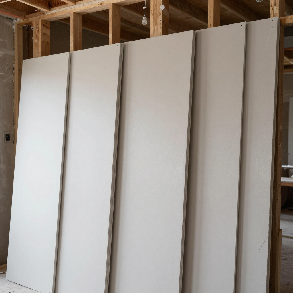 Five tall white wall panels leaning against a wooden-framed wall under construction