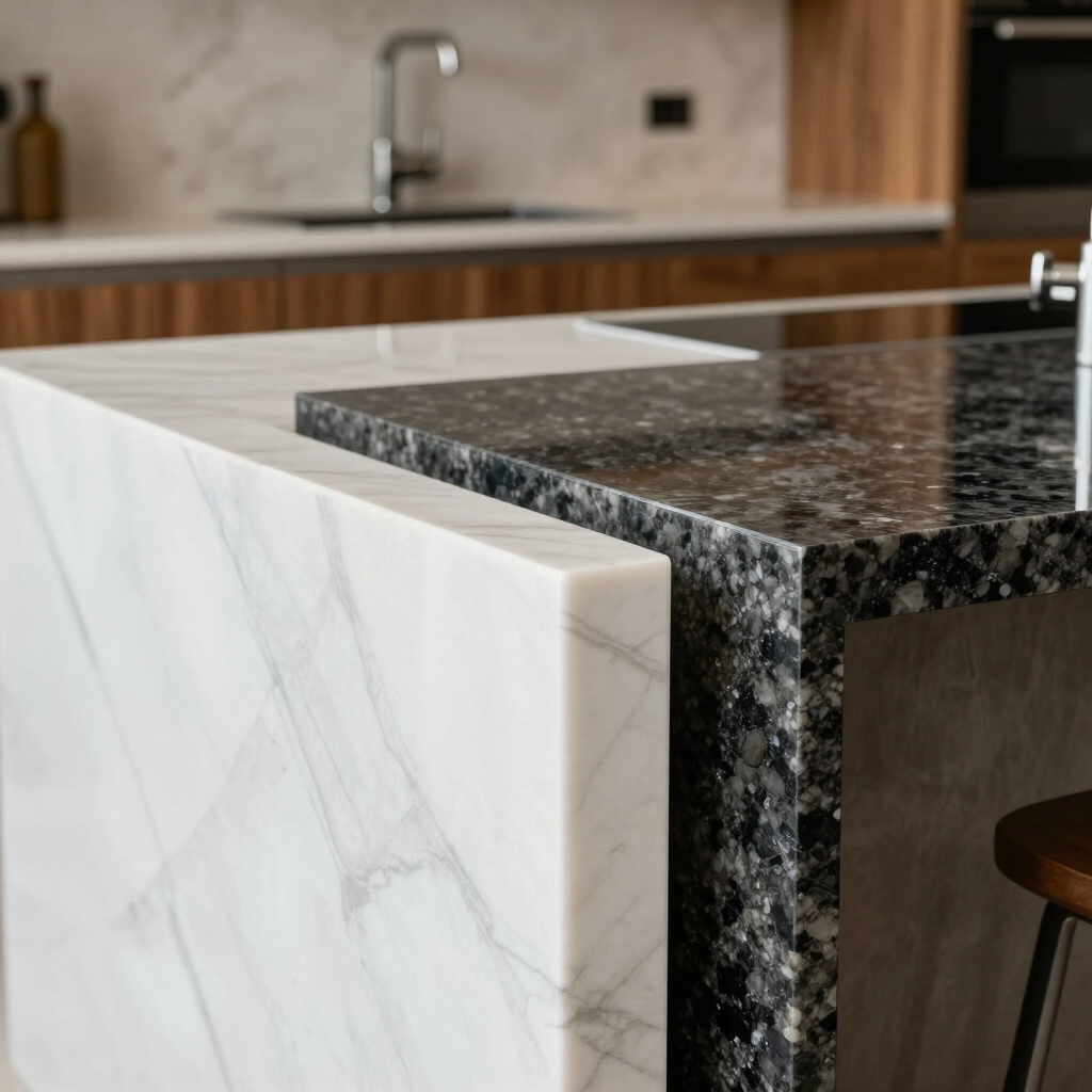 Modern kitchen island with white marble and dark granite countertops, and a sink in the background