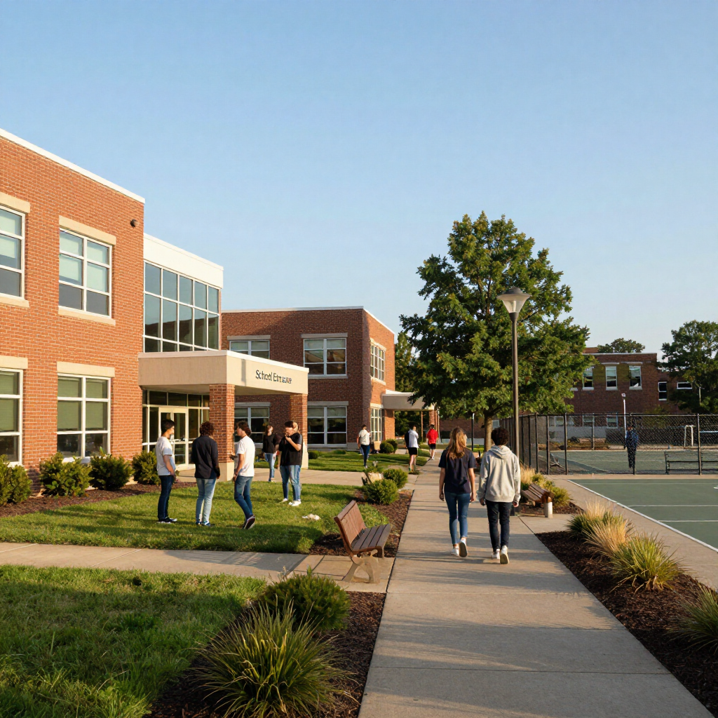 Students walk along a campus sidewalk beside brick buildings on a sunny day.