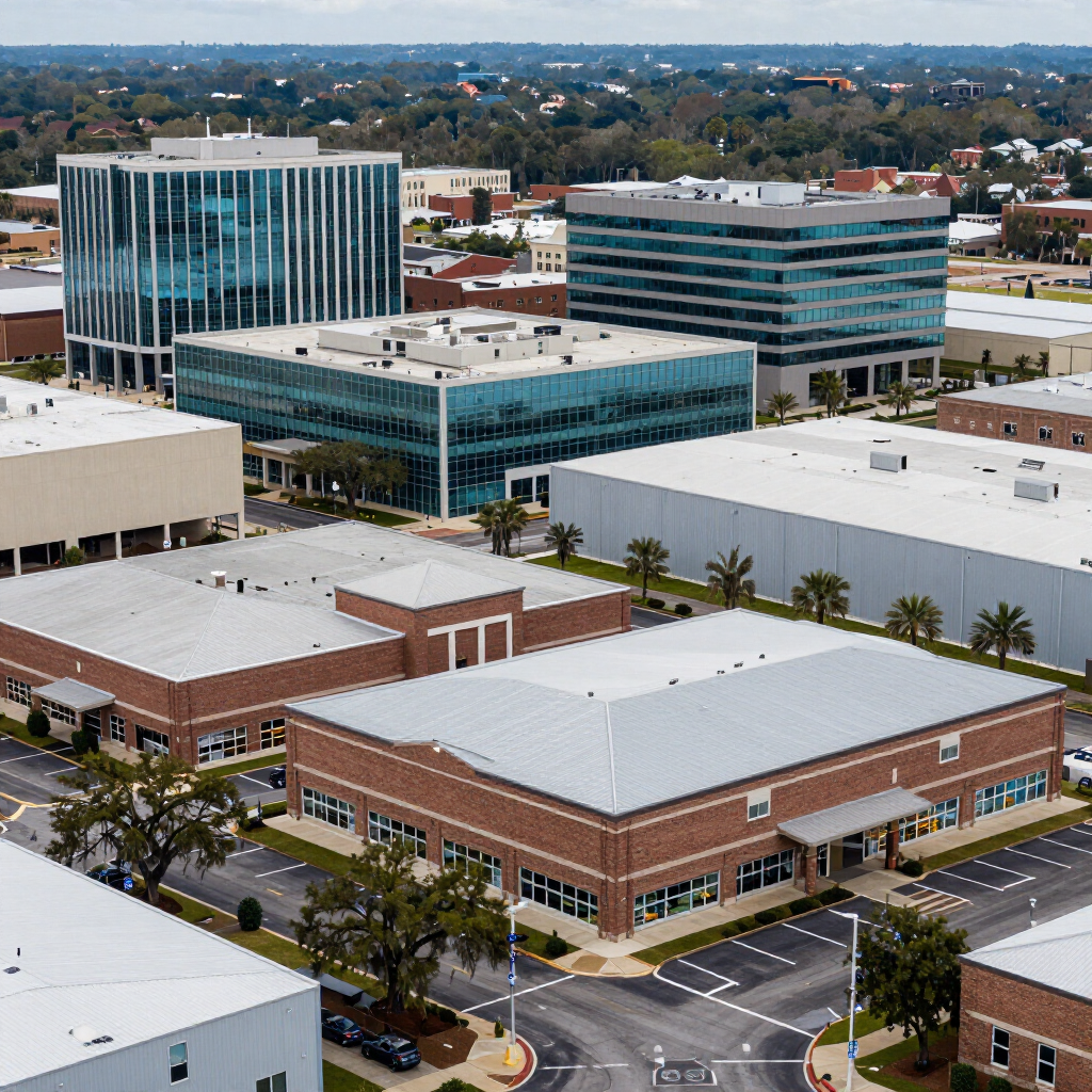 Aerial view of a modern office complex with brick and glass buildings and parking lots.