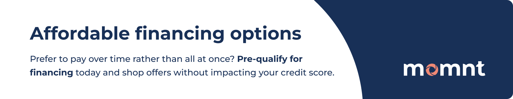 Affordable financing options banner with white text on dark blue background and MoMNT logo