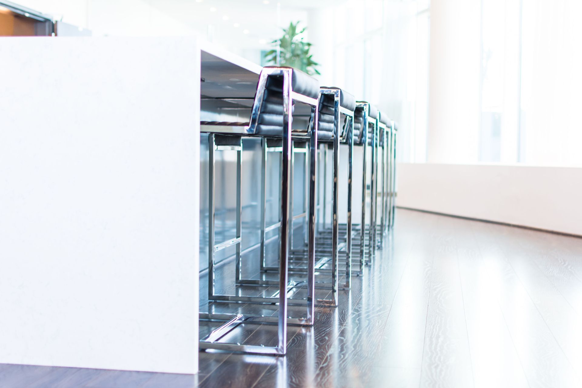 Modern glass office chairs lined up in a bright, minimalist room