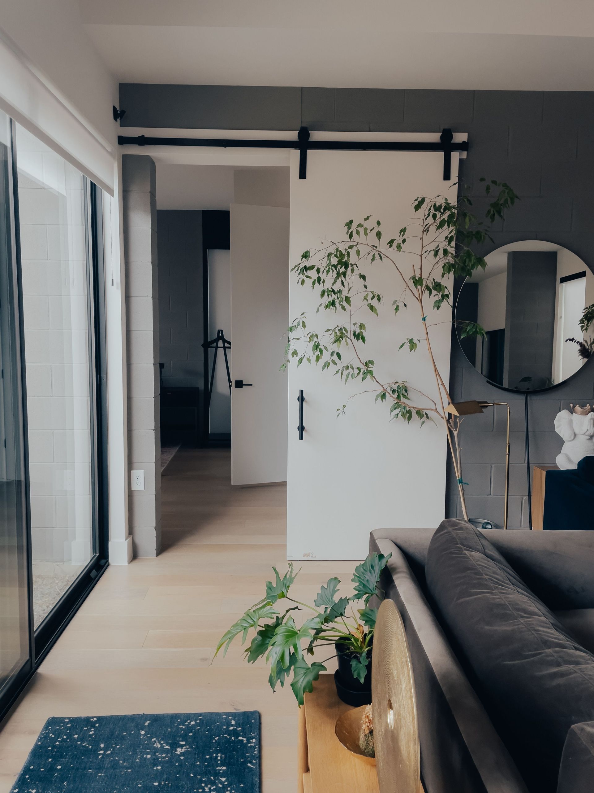 Modern living room with black sofa, sliding barn door, plants, and round mirror on the wall