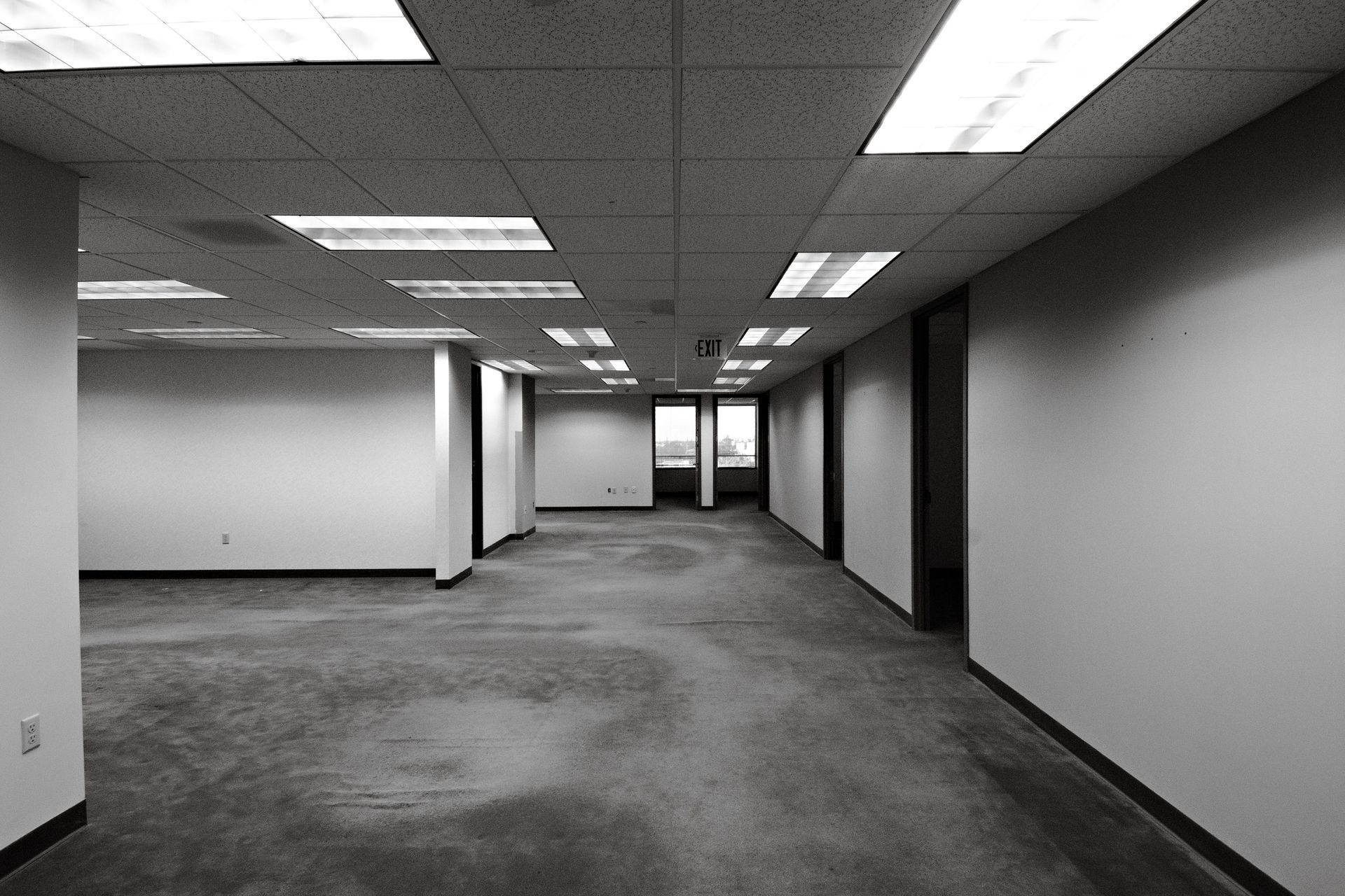 Empty office hallway with carpet, white walls, and fluorescent ceiling lights