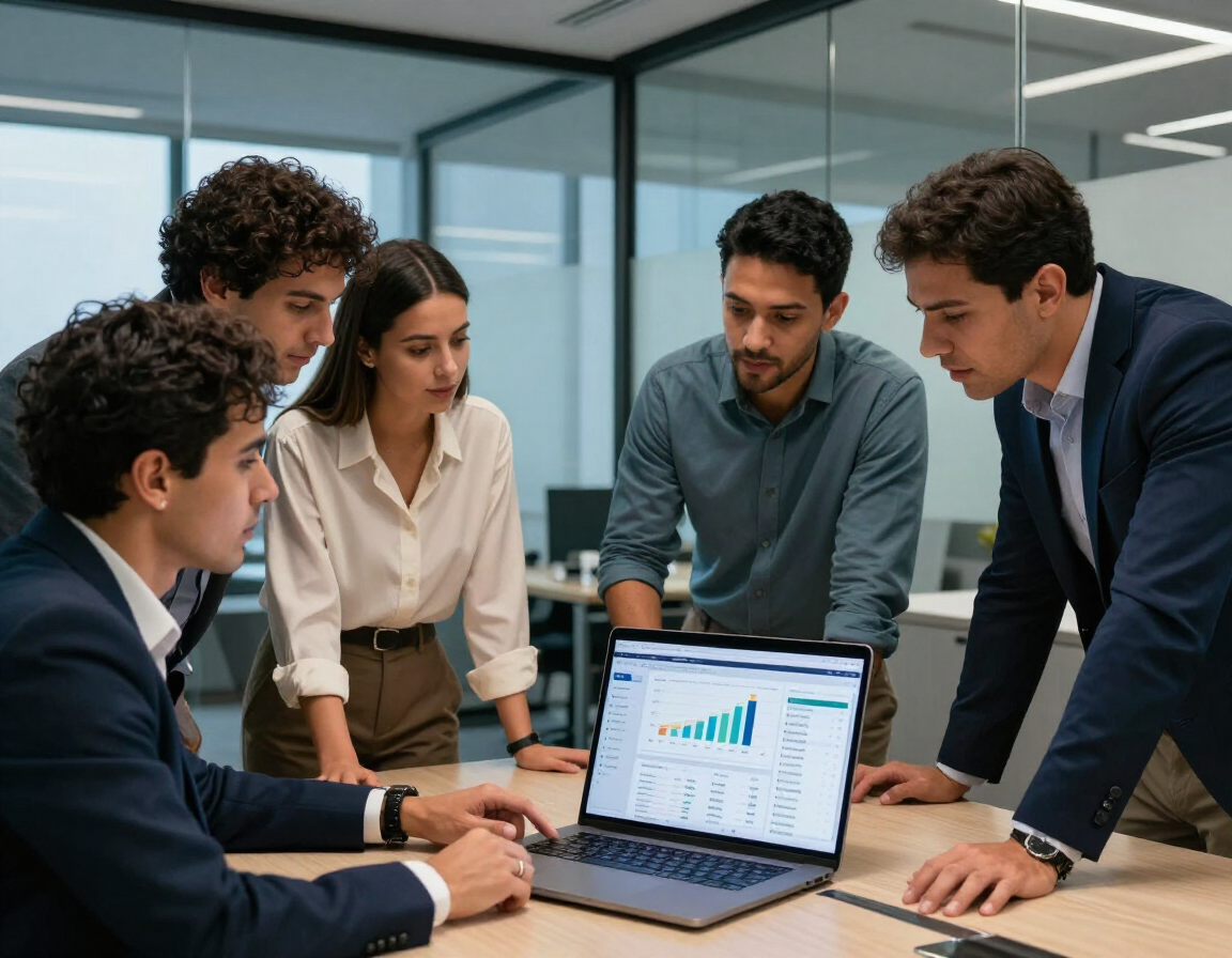 Equipe comercial colaborando em frente a um notebook com dashboard de CRM