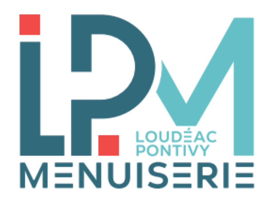 Logo pour LP Menuiserie Loudéac Pontivy en lettres turquoise, bleu marine et rouge