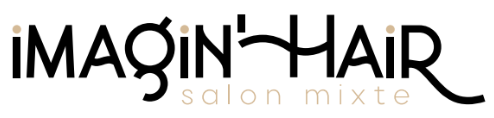 Logo du salon mixte IMAGIN'HAIR en noir et rose avec des ciseaux et un peigne stylisés.