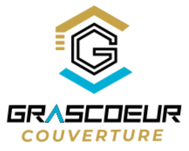 Logo GRASCOEUR COUVERTURE avec un G noir stylisé et des formes de toit dorées et bleues
