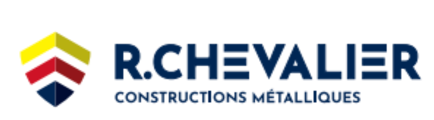 Logo R.CHEVALIER avec écusson jaune, rouge et bleu marine et texte « CONSTRUCTIONS MÉTALLIQUES »