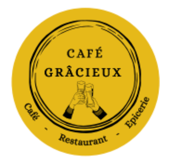 Logo circulaire jaune pour Café Grâcieux avec des verres qui s'entrechoquent et le texte « Café - Restaurant - Épicerie »