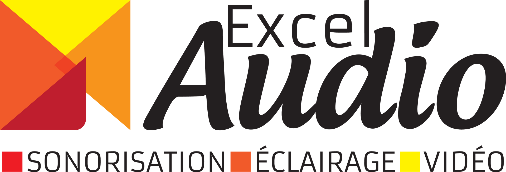 Logo Excel Audio avec des formes géométriques orange et rouge et les mots « SONORISATION ÉCLAIRAGE VIDÉO »