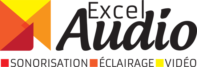 Logo « Excel Audio » avec un design géométrique rouge, noir et jaune et les mots Sonorisation, Éclairage, Vidéo.