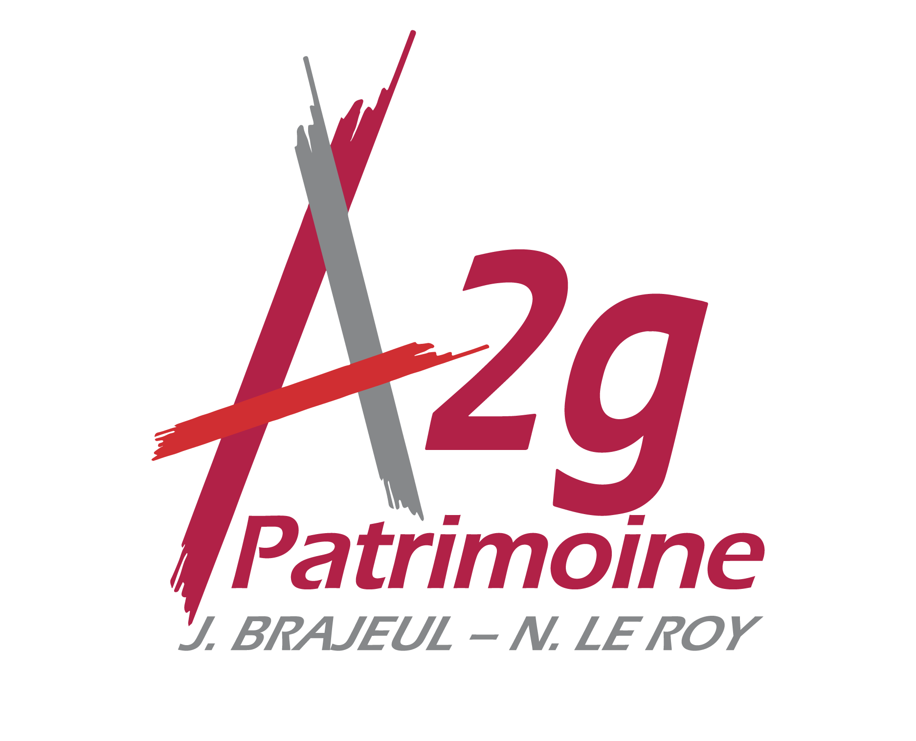 Logo pour A2g Patrimoine présentant des lettres stylisées rouges et grises avec les noms J. Brajeul et N. Le Roy en dessous.