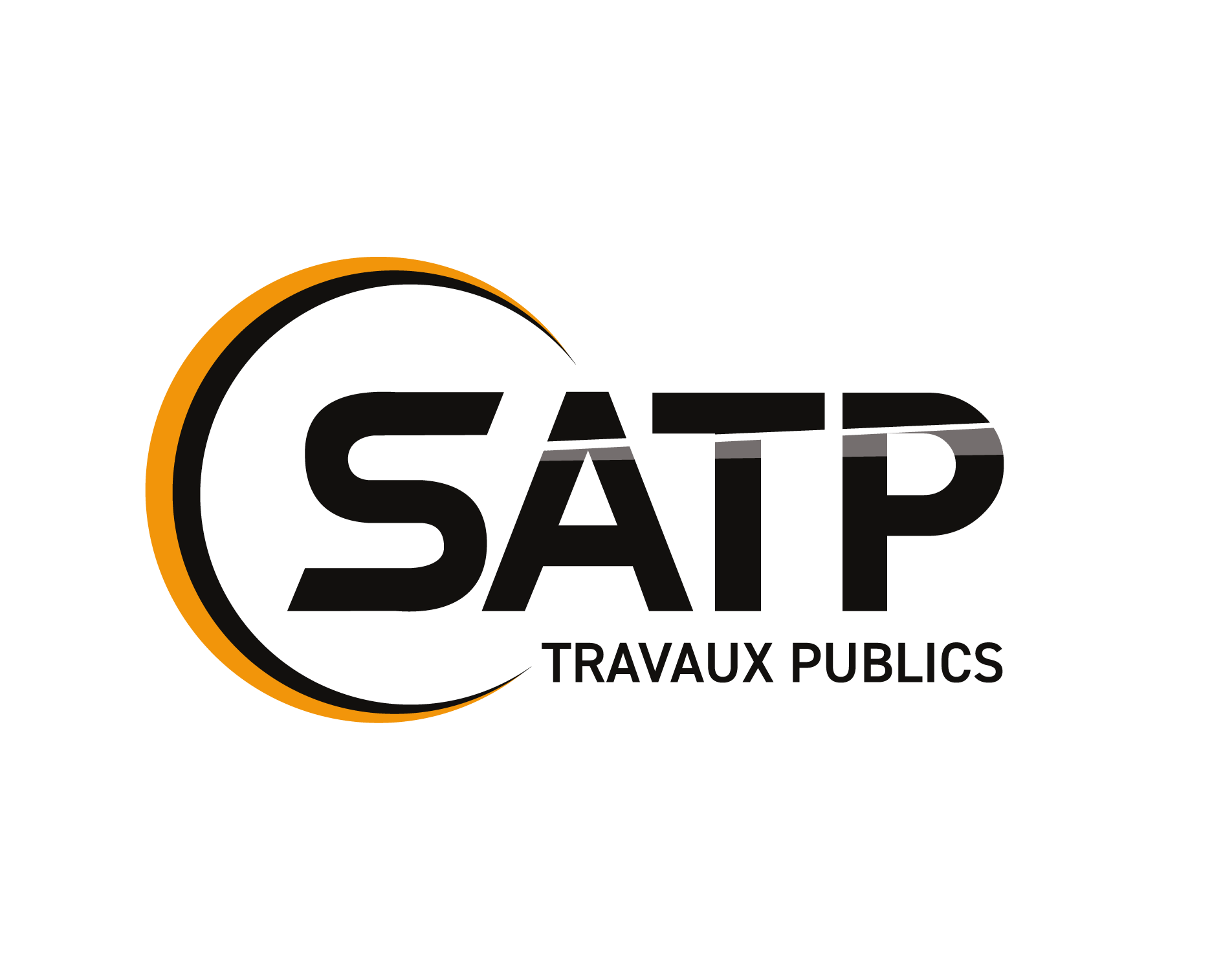 Logo de SATP Travaux Publics composé de lettres noires en gras inscrites dans un croissant incurvé jaune et noir.