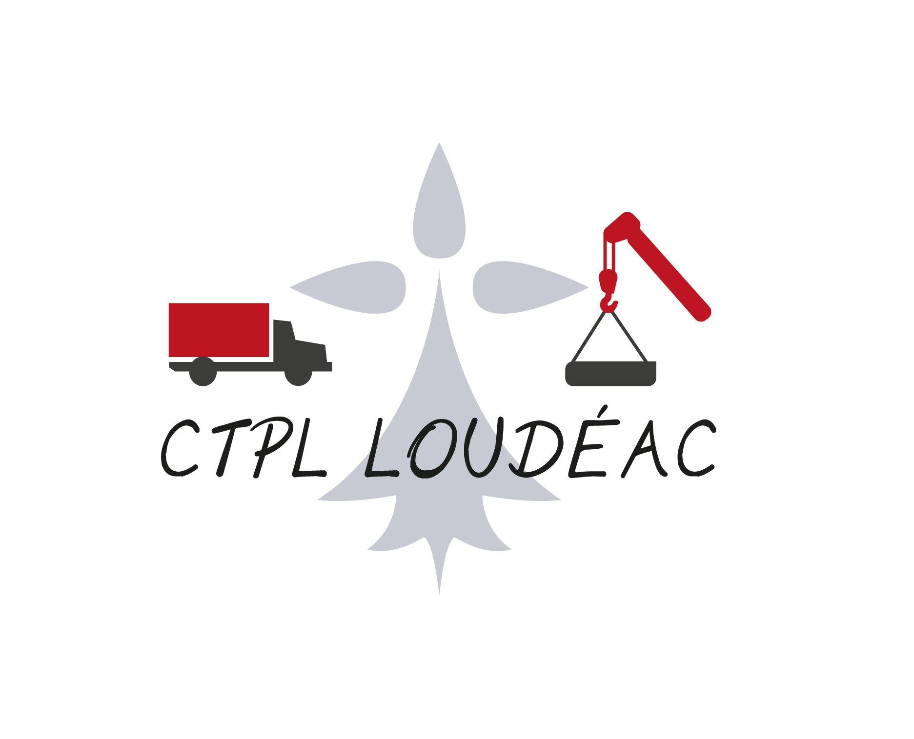 Logo de CTPL Loudéac représentant un camion, une grue et un symbole d'hermine stylisé gris clair sur fond blanc.