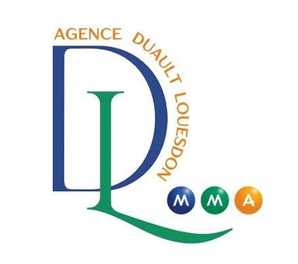 Logo de l'Agence Djauli Loudson, avec des initiales stylisées bleues et vertes et trois cercles colorés en dessous.