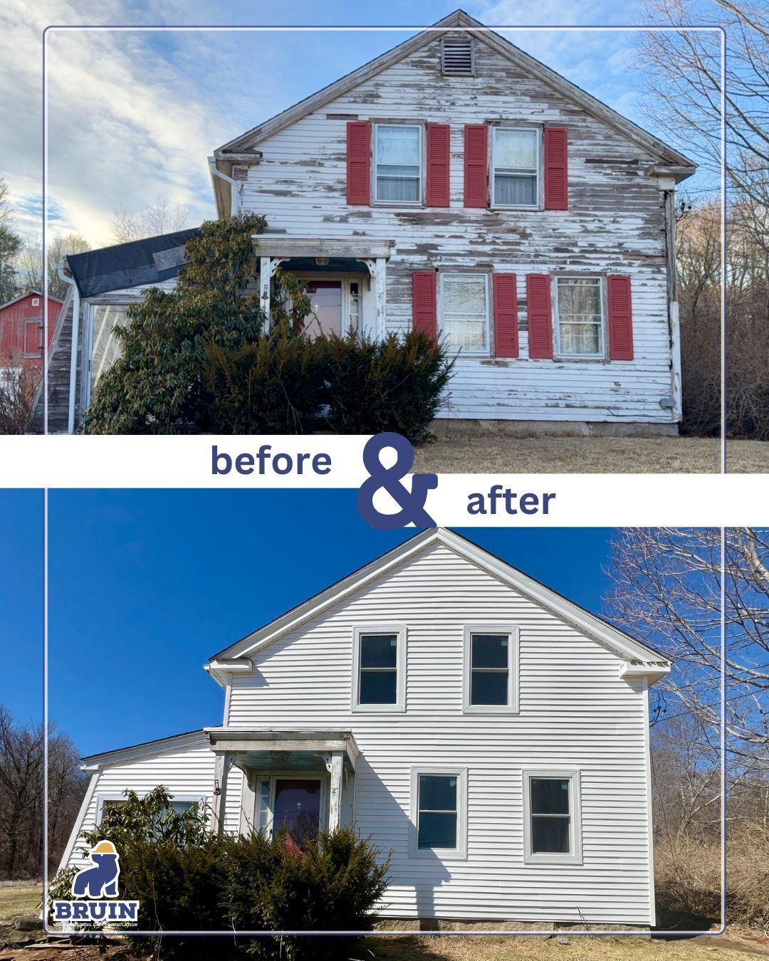 Before-and-after of a white house exterior renovation
