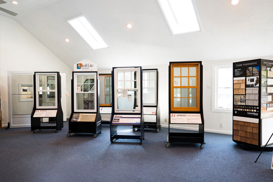 A room with a lot of windows on display
