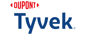 The dupont tyvek logo is blue and red