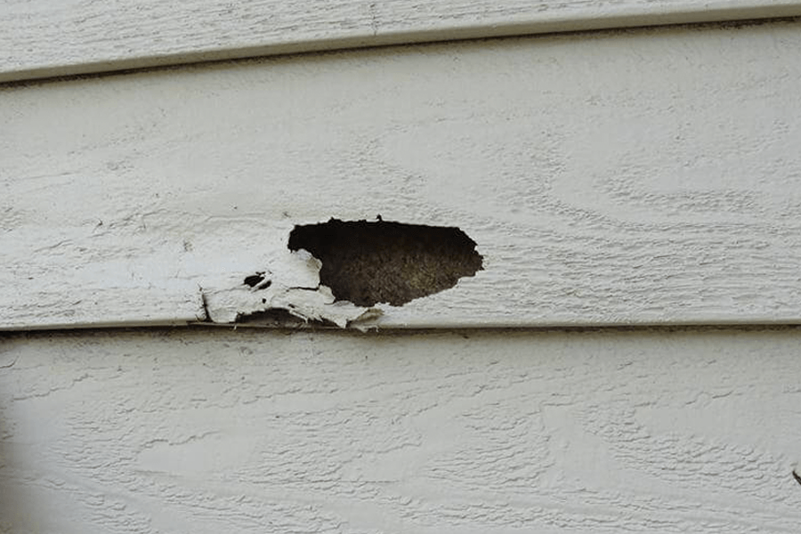 A close up of a white siding with a hole in it.